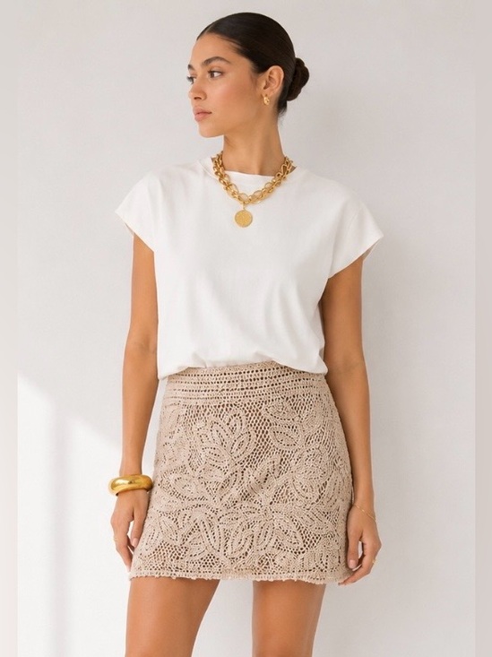 Skies Are Blue Dresses & Skirts - NWT Skies Are Blue Tan Cotton Blend Crochet Lace Mini Skirt Lined Size M